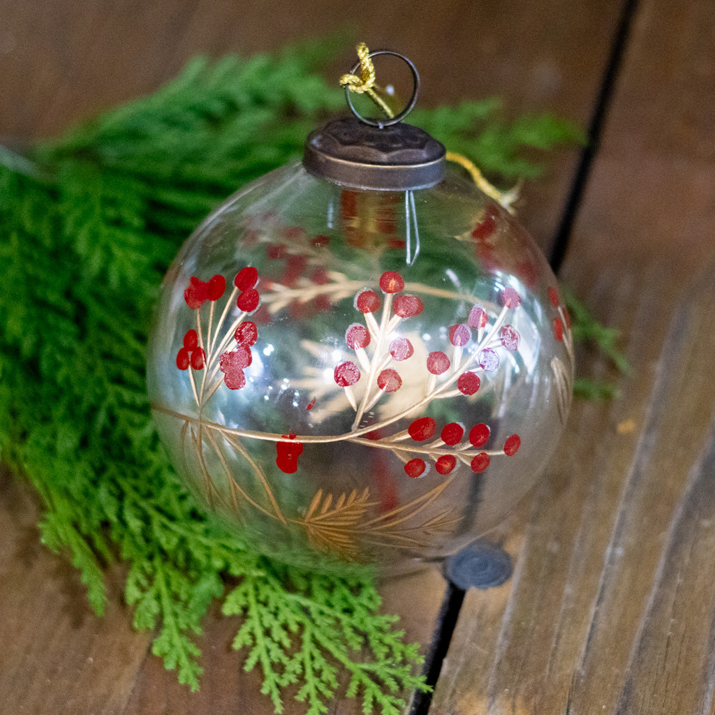 Etched Glass Ball with Botanical Design Ornament