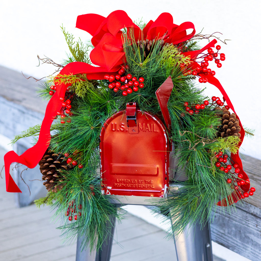 Decorated Outdoor Mailbox Swag with Berries, Pine and Red Velvet Ribbon