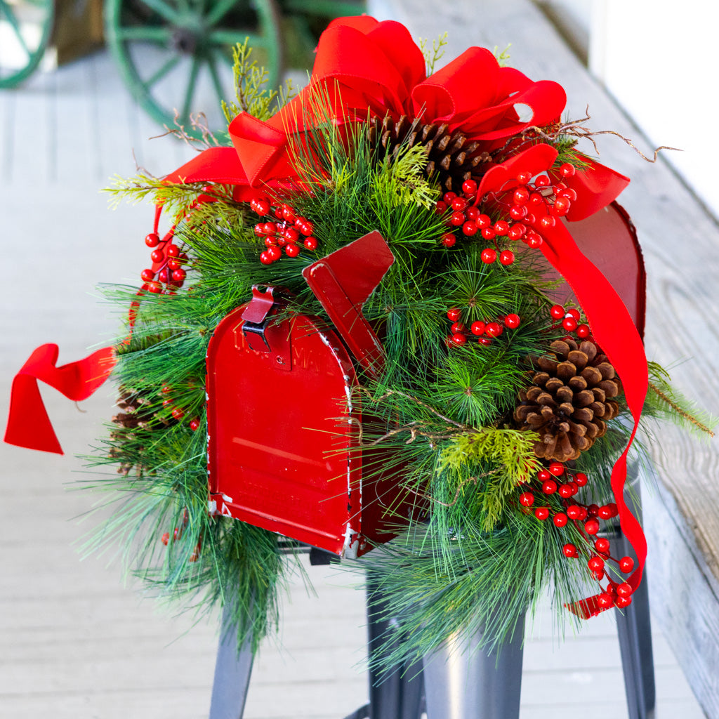 Decorated Outdoor Mailbox Swag with Berries, Pine and Red Velvet Ribbon