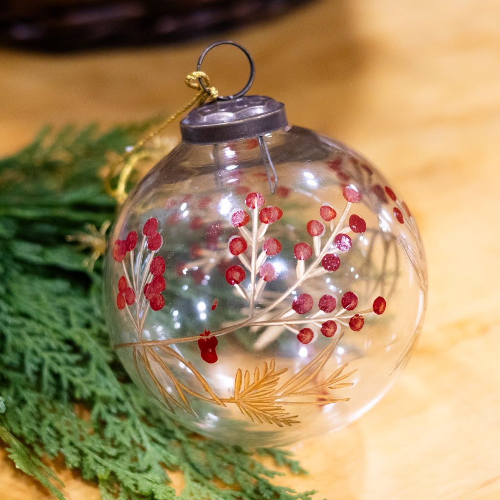 Etched Glass Ball with Botanical Design Ornament