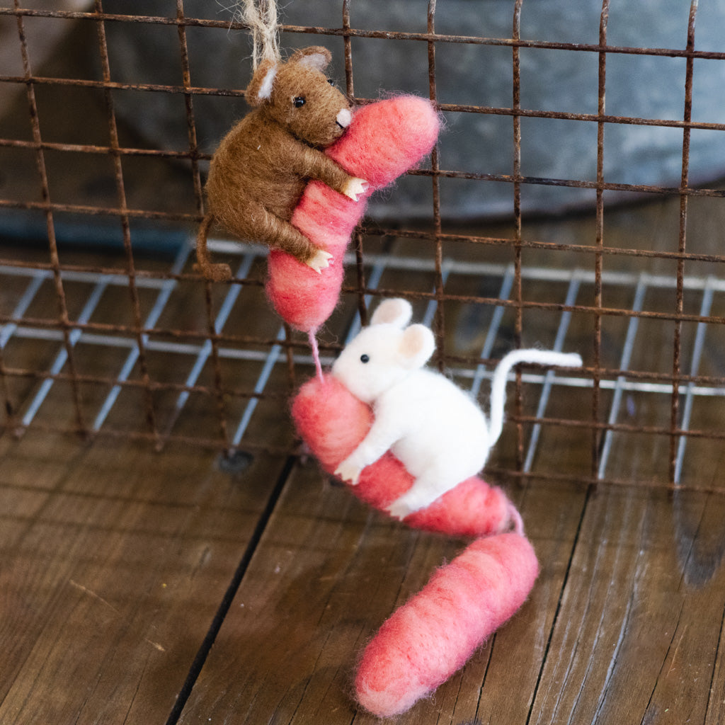 Wool Felt Mice on Sausage Food Ornament