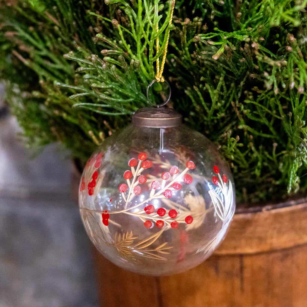 Etched Glass Ball with Botanical Design Ornament