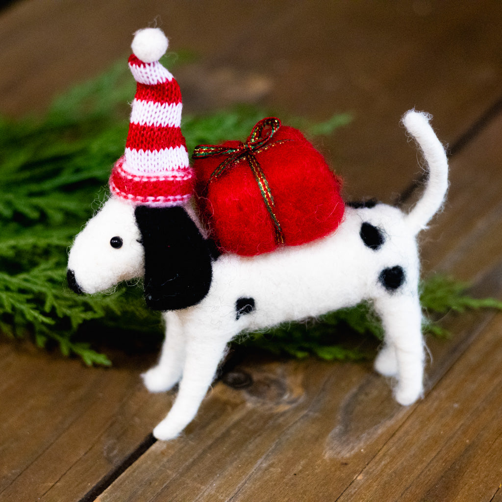 Wool Dalmatian with Striped Hat Ornament
