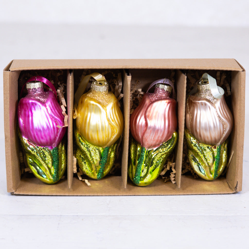 Glass Tulip Ornament Box of Four