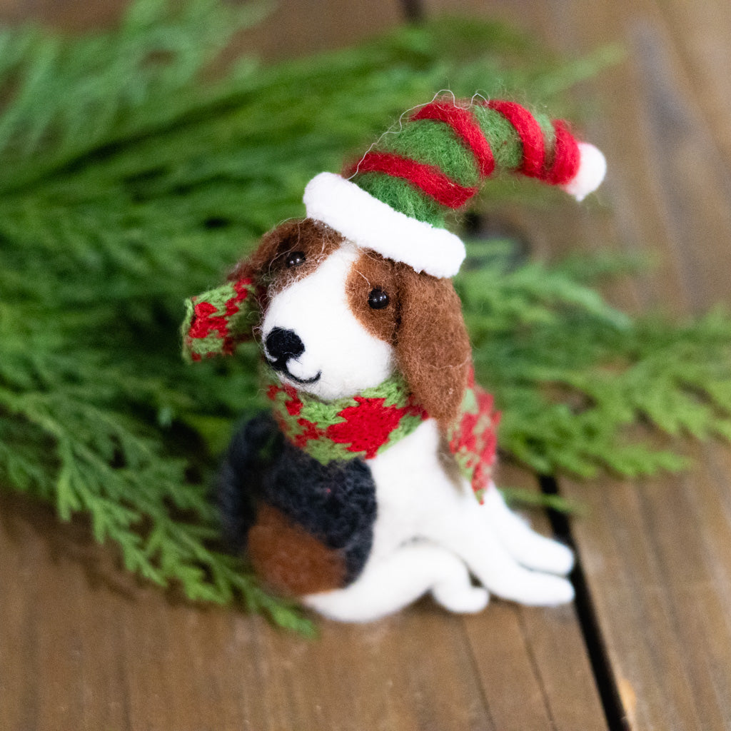 Wool Dog with Striped Elf Hat Ornament