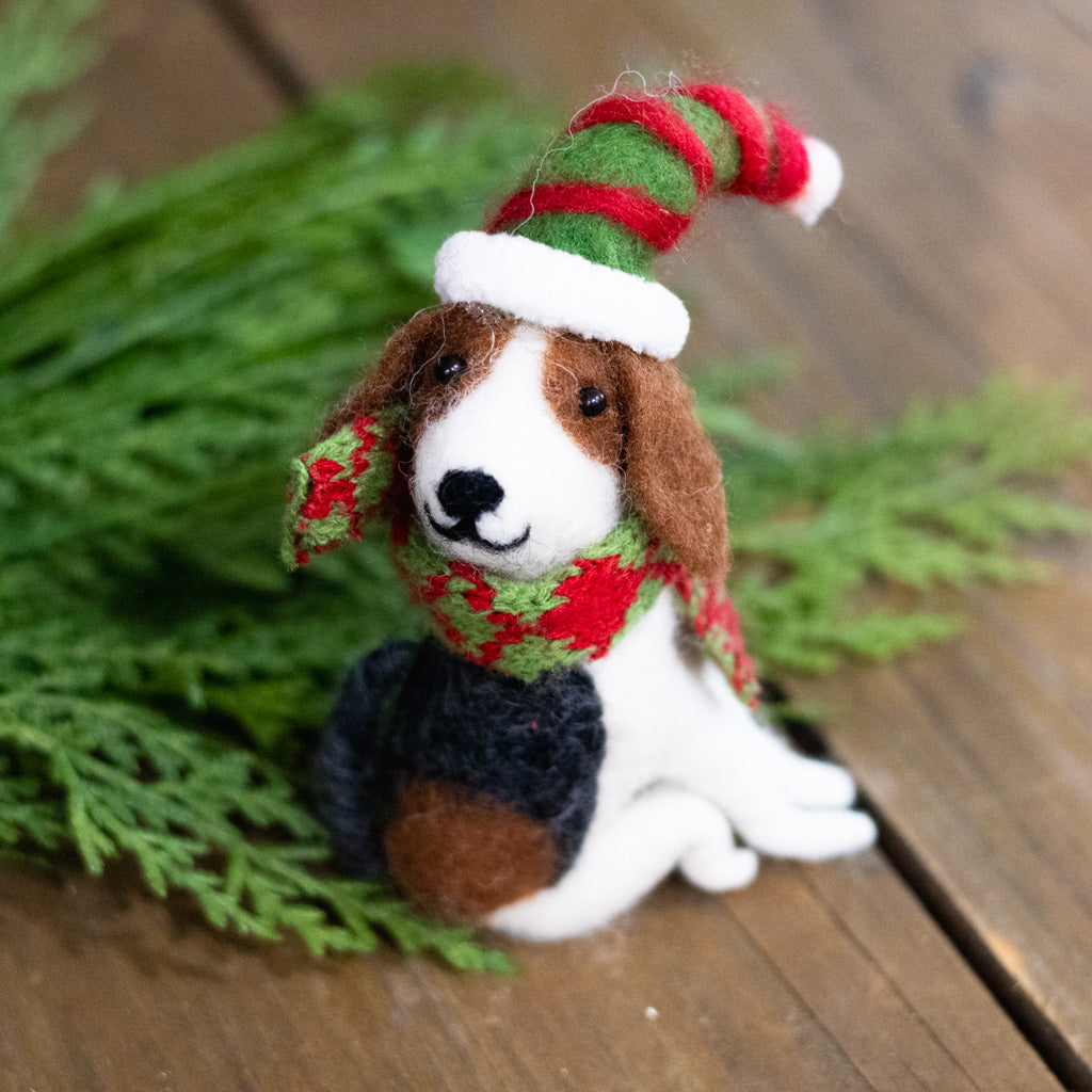 Wool Dog with Striped Elf Hat Ornament