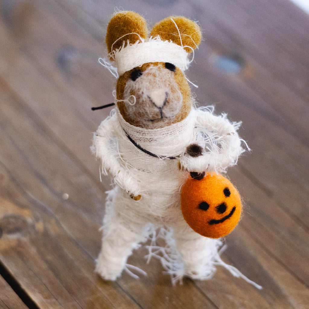 Wool Felt Halloween "Mummy" Mouse with Pumpkin