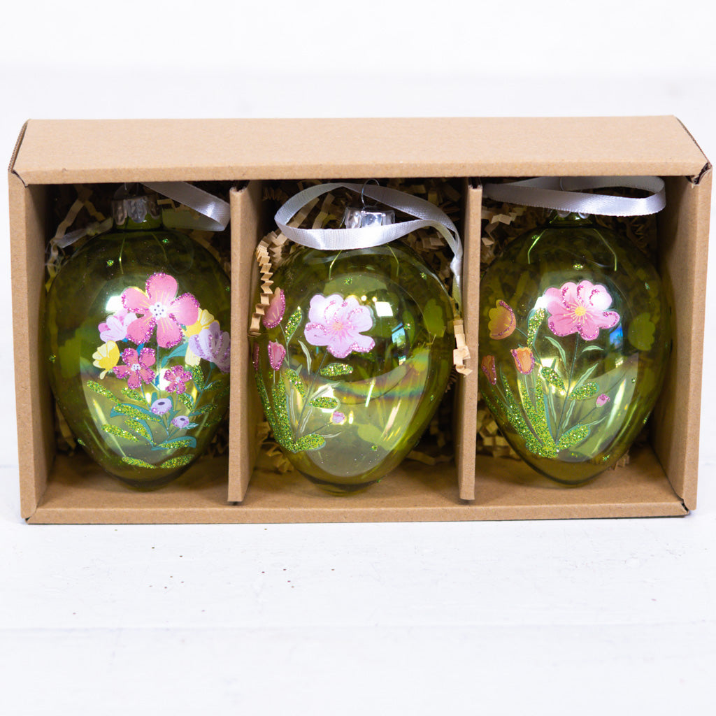 Glass Floral Egg Box of Three