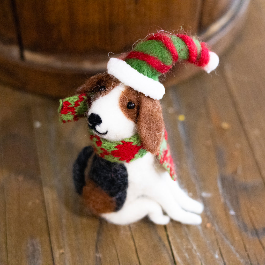 Wool Dog with Striped Elf Hat Ornament