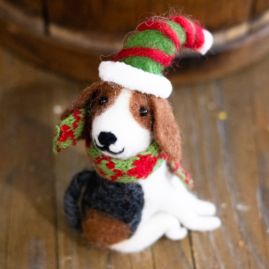 Wool Dog with Striped Elf Hat Ornament