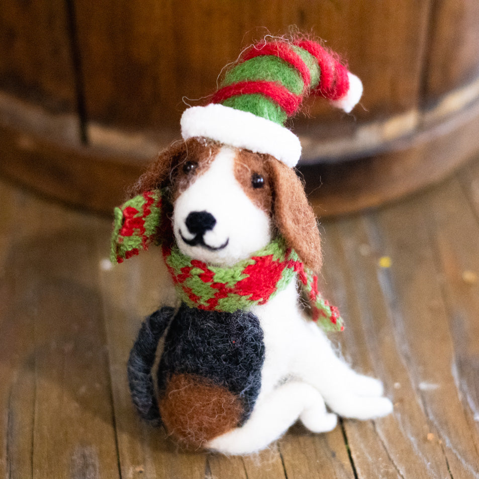 Wool Dog with Striped Elf Hat Ornament