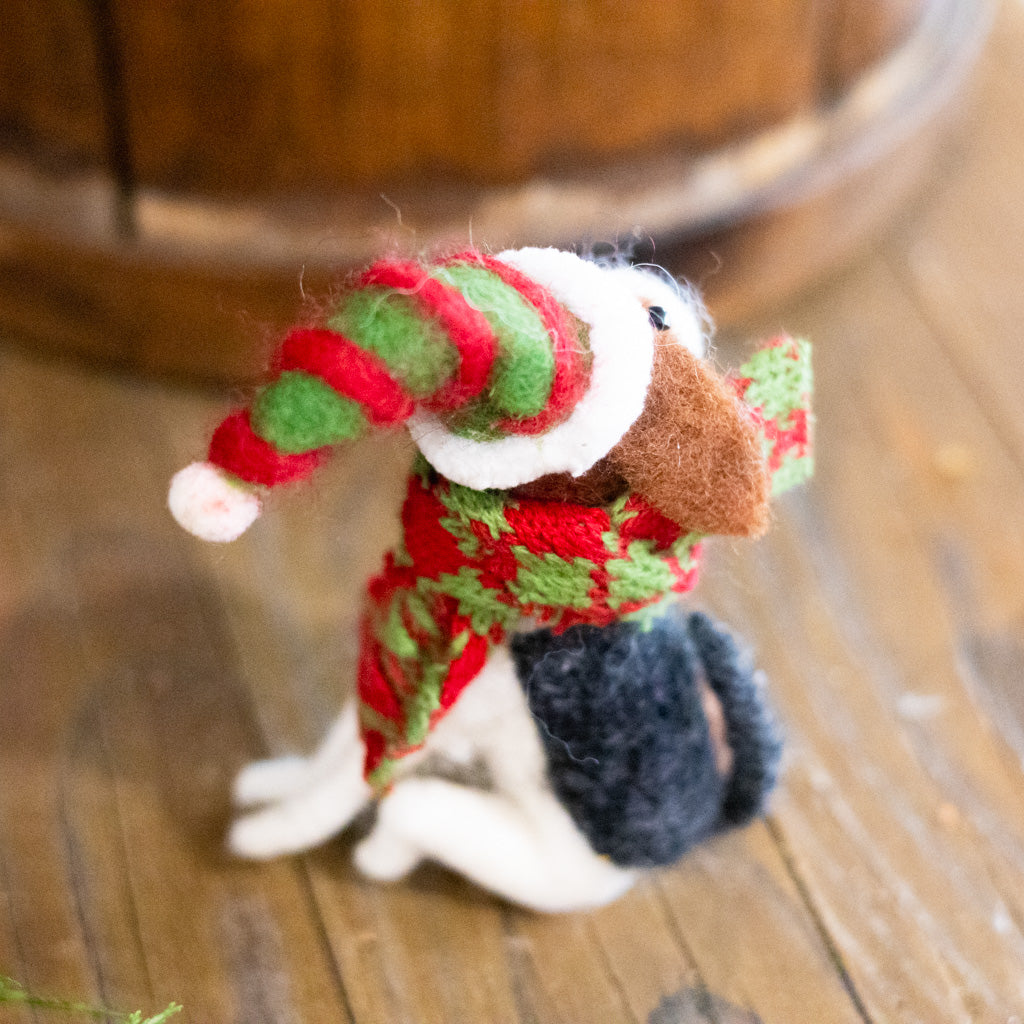 Wool Dog with Striped Elf Hat Ornament