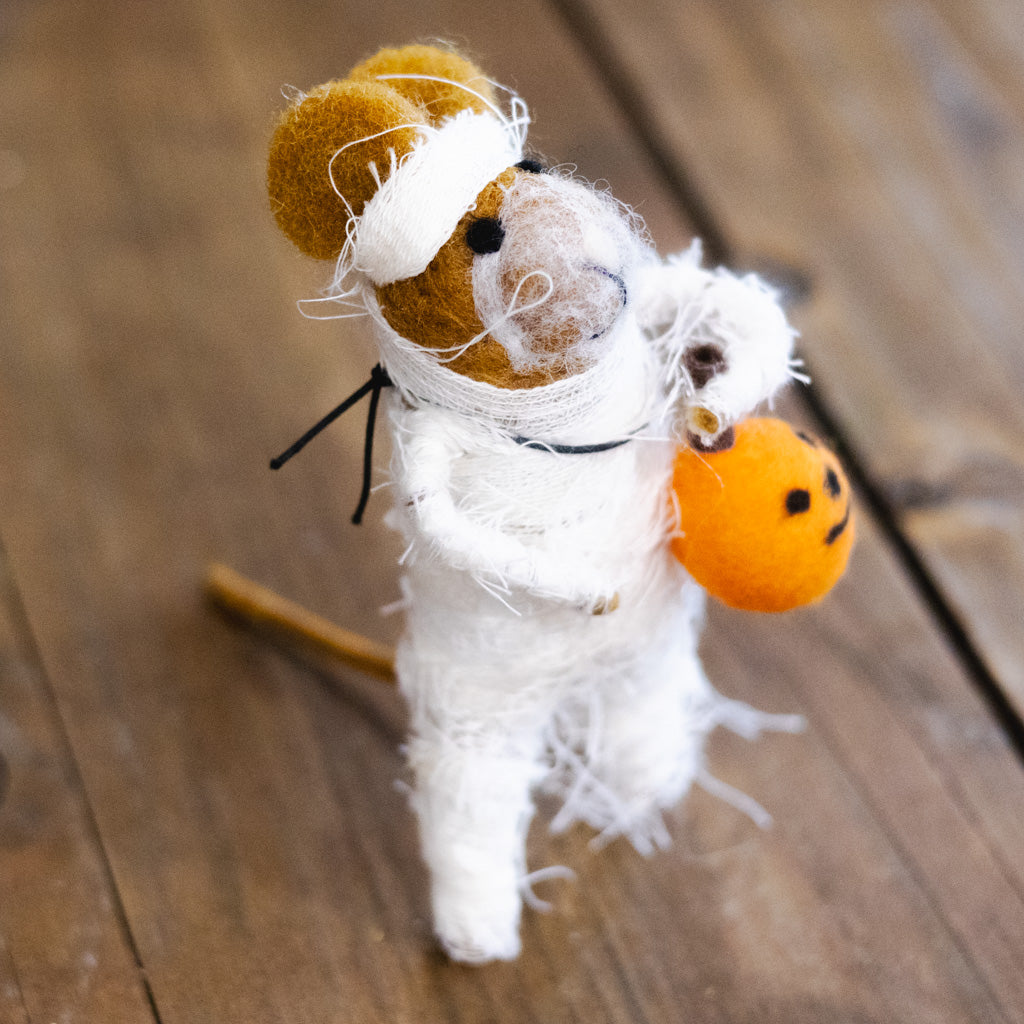 Wool Felt Halloween "Mummy" Mouse with Pumpkin