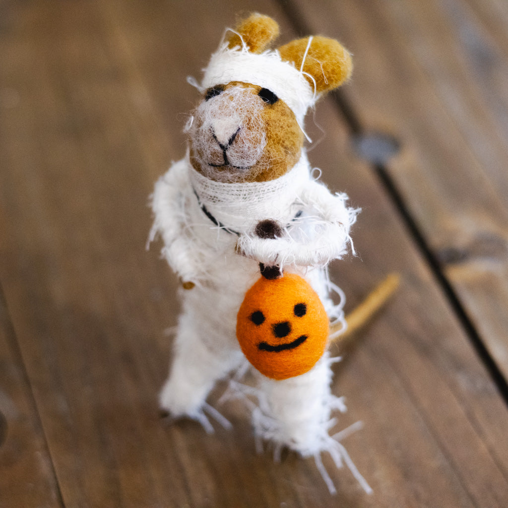 Wool Felt Halloween "Mummy" Mouse with Pumpkin