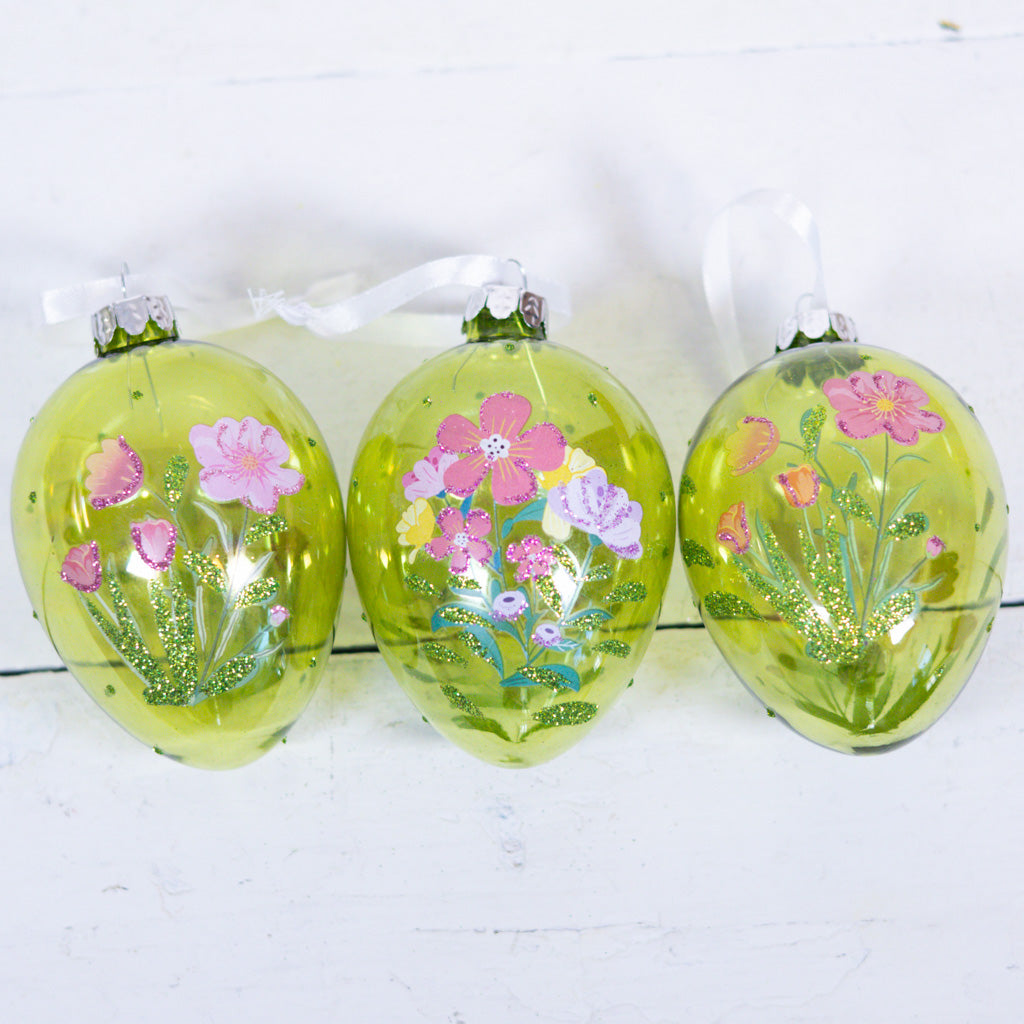 Glass Floral Egg Box of Three