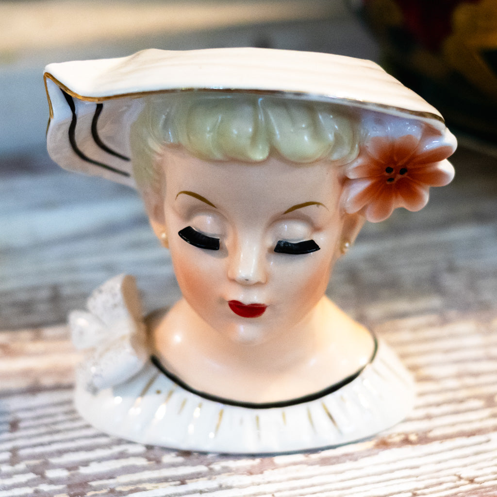 Vintage Enesco Lady w/ Pink Flower Head Vase