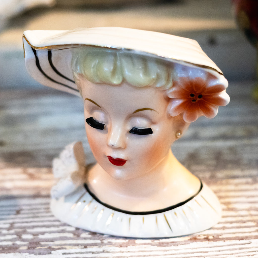 Vintage Enesco Lady w/ Pink Flower Head Vase