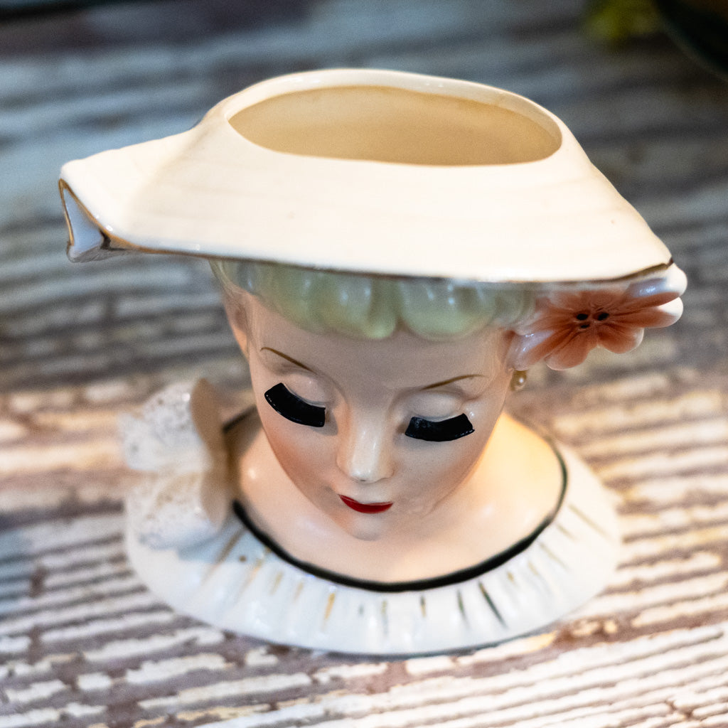 Vintage Enesco Lady w/ Pink Flower Head Vase