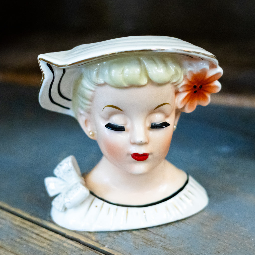 Vintage Enesco Lady w/ Pink Flower Head Vase