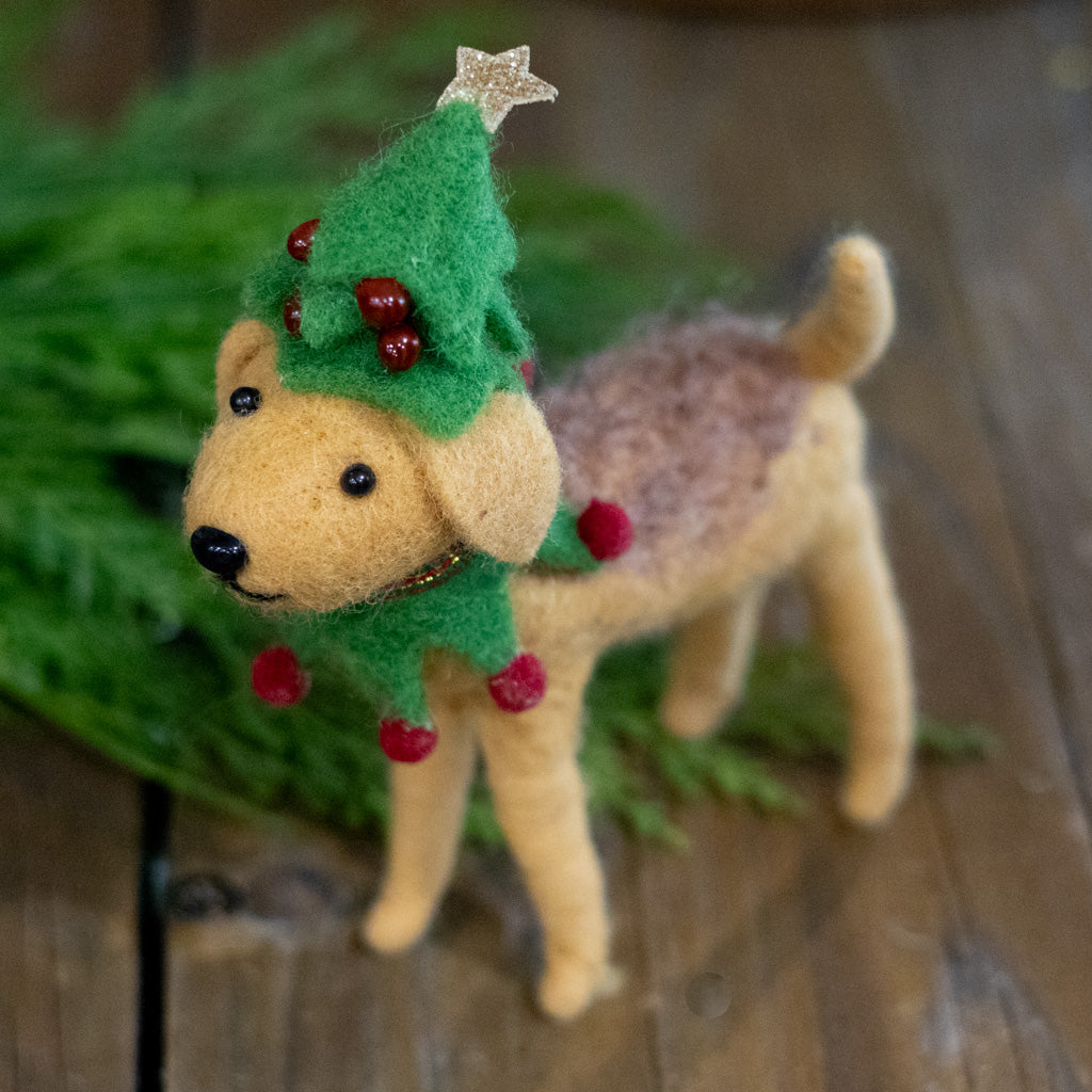 Brown Wool Dog with Tree Hat