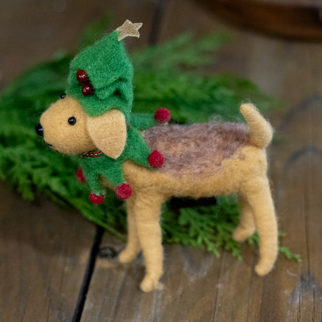 Brown Wool Dog with Tree Hat