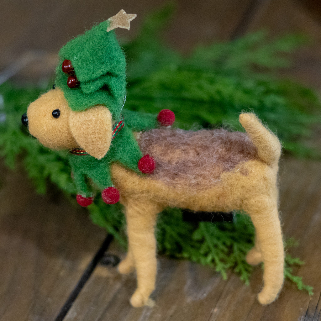 Brown Wool Dog with Tree Hat