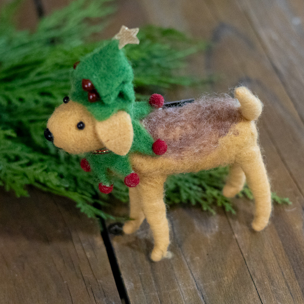 Brown Wool Dog with Tree Hat