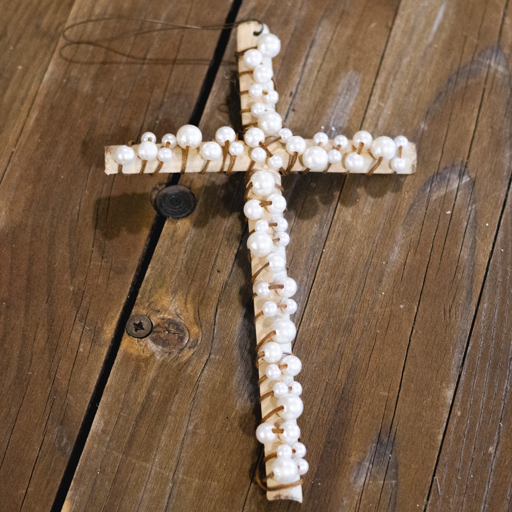 Metal Wire Cross with White Beads