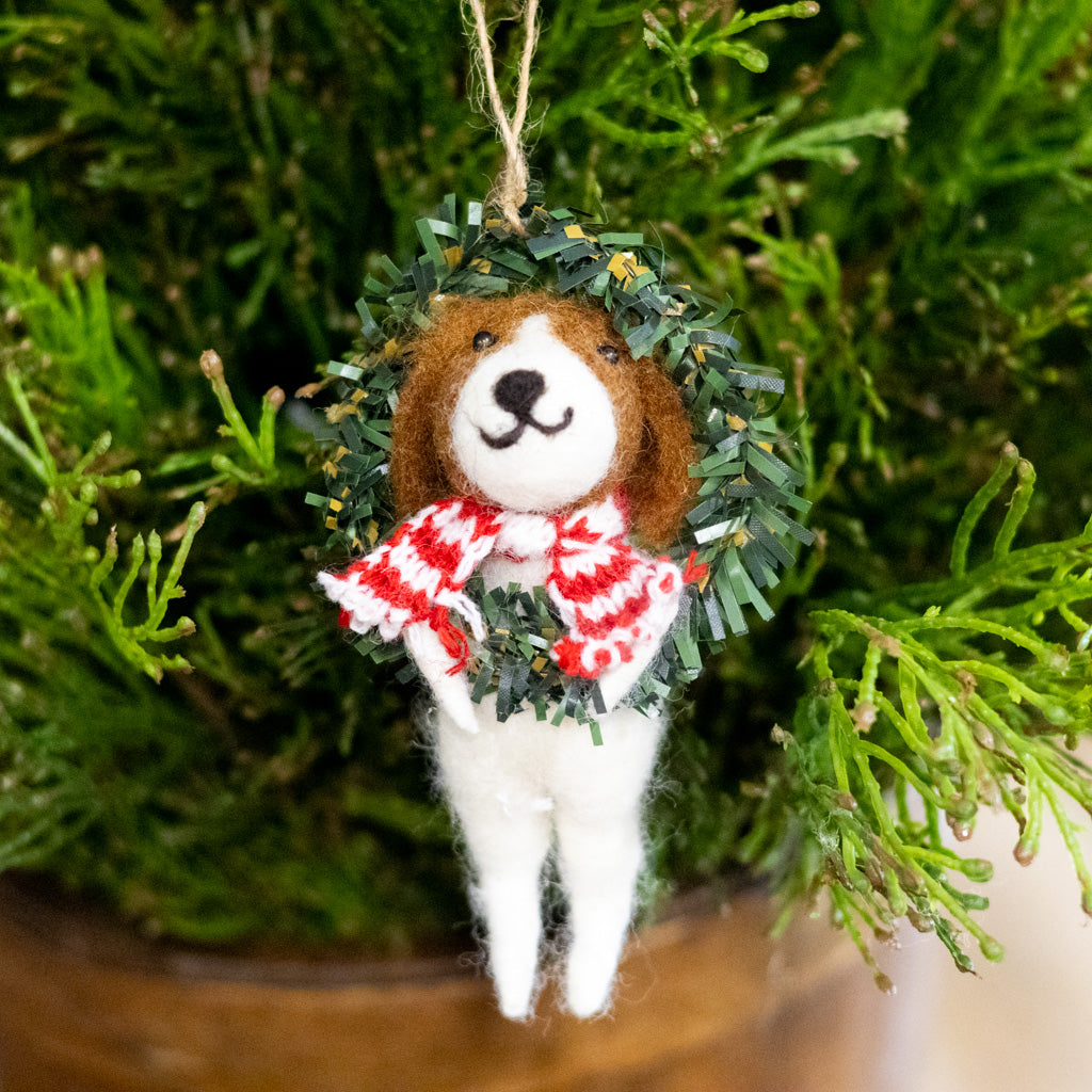 Felt Dog in Wreath Ornament