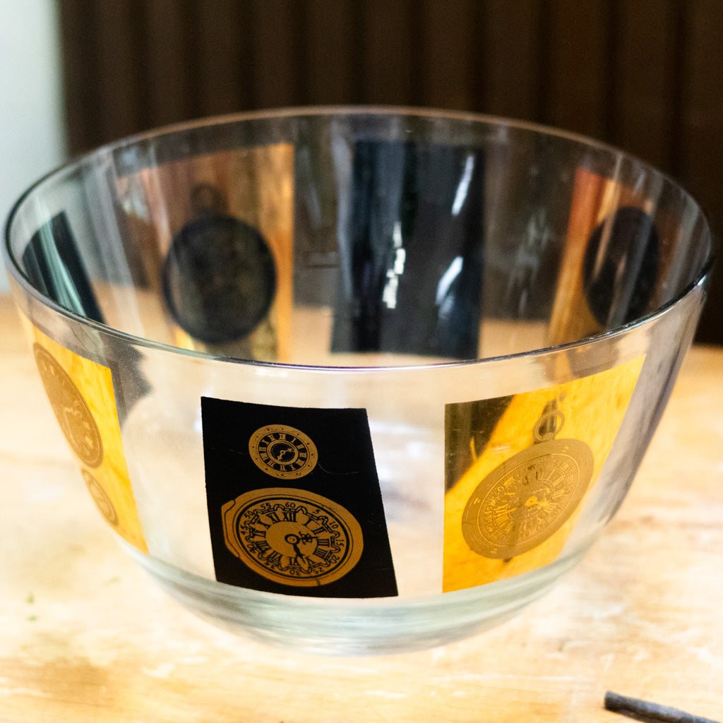 Mid Century Modern Glass Bowl with Black and Gold Clocks