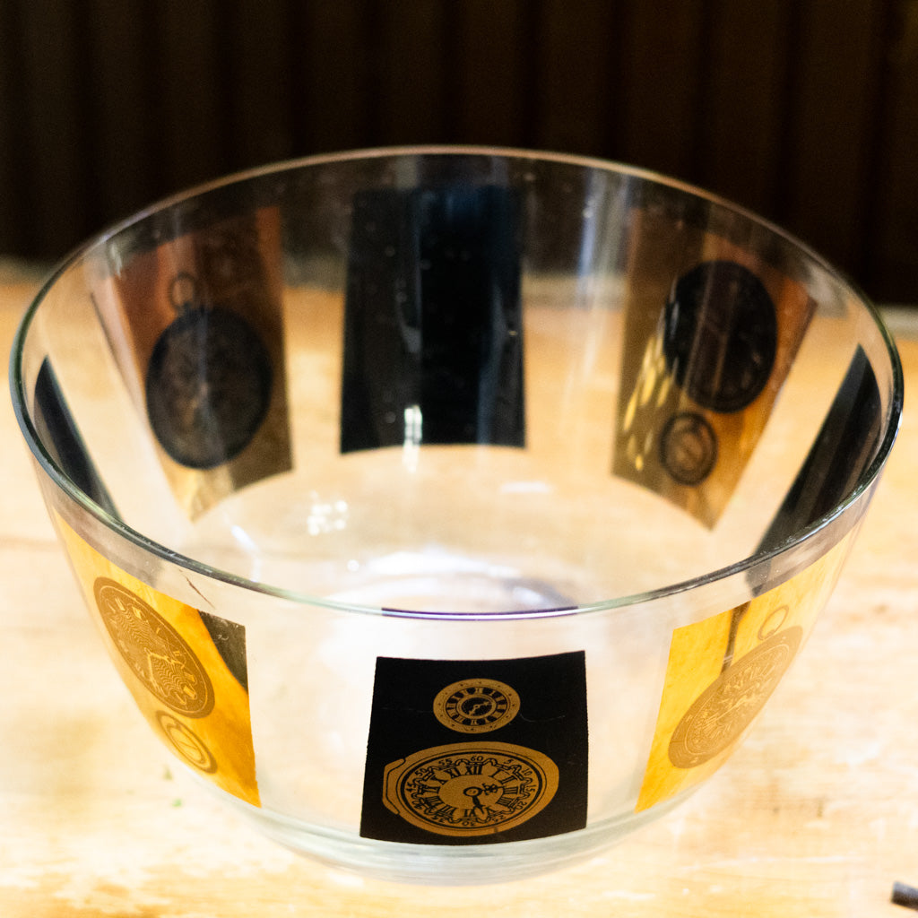 Mid Century Modern Glass Bowl with Black and Gold Clocks