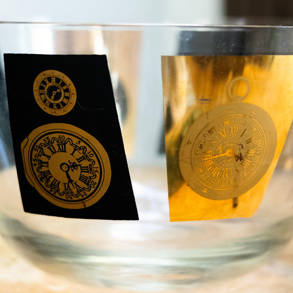 Mid Century Modern Glass Bowl with Black and Gold Clocks