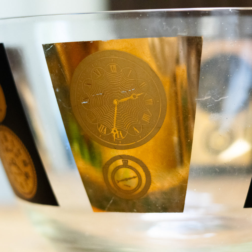 Mid Century Modern Glass Bowl with Black and Gold Clocks