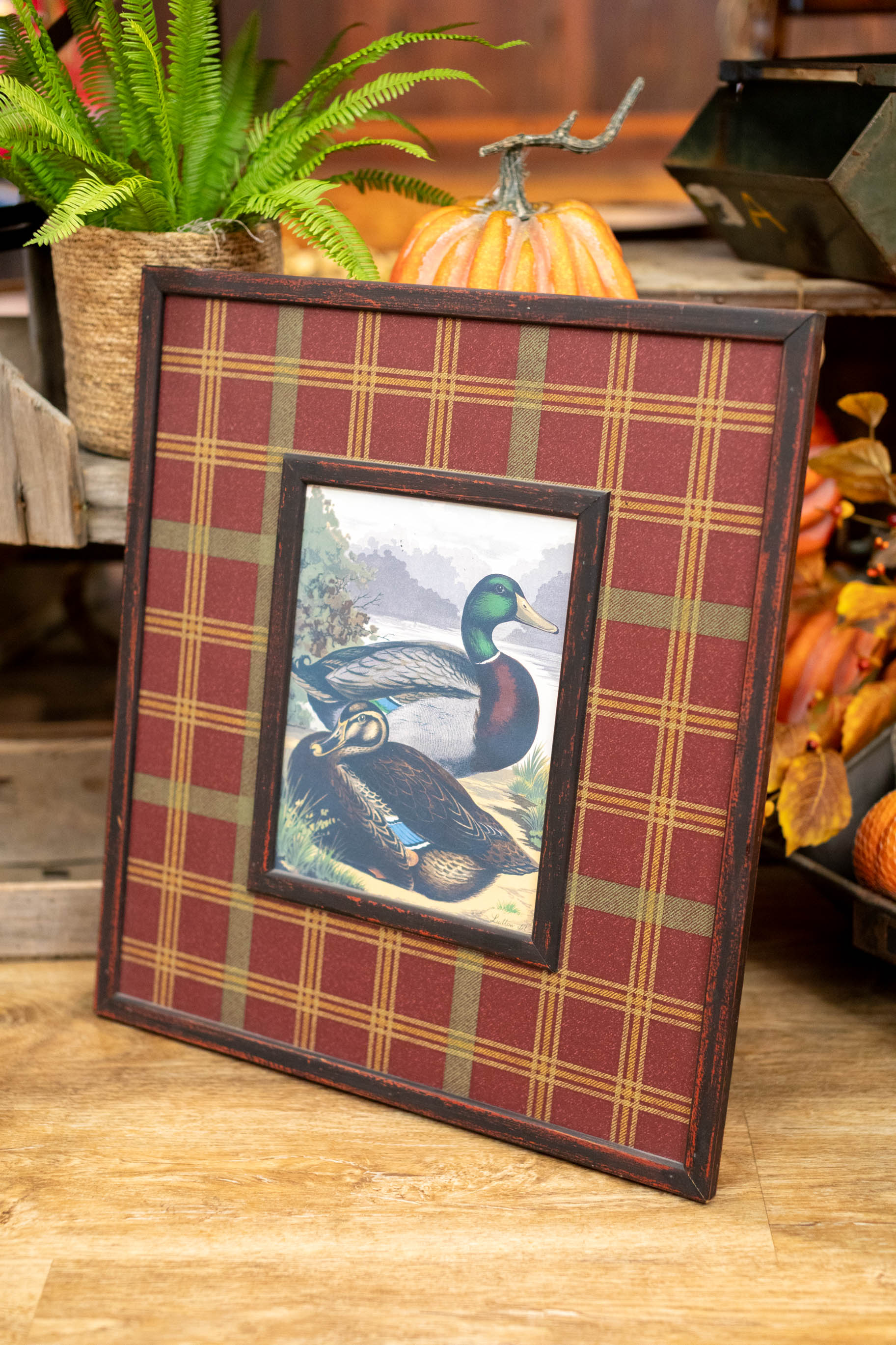 Framed Mallard Print on Plaid Heavy Board