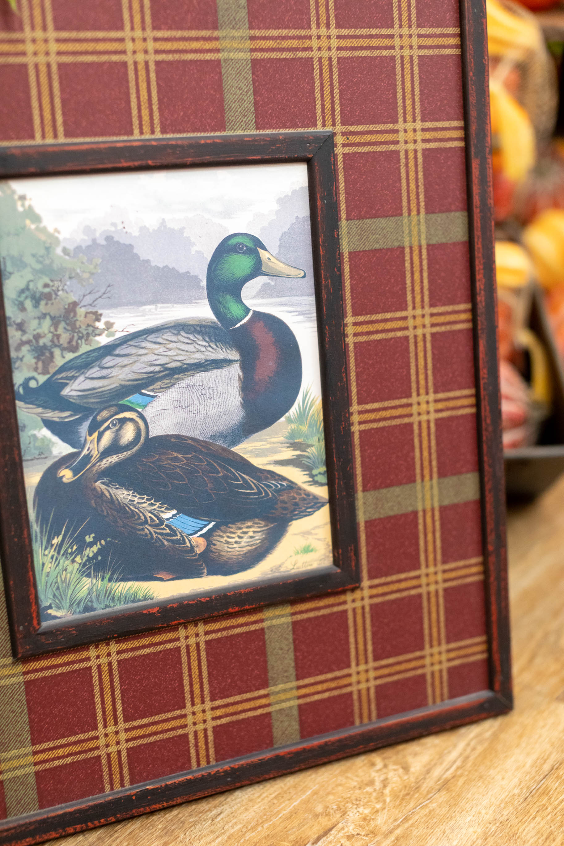 Framed Mallard Print on Plaid Heavy Board