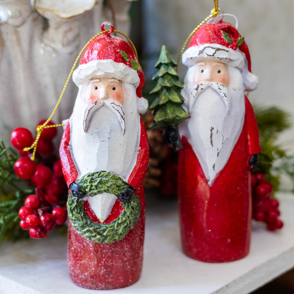 Carved Santa with Wreath Ornament