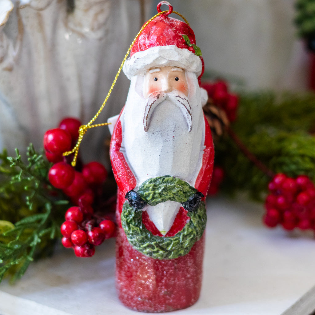 Carved Santa with Wreath Ornament