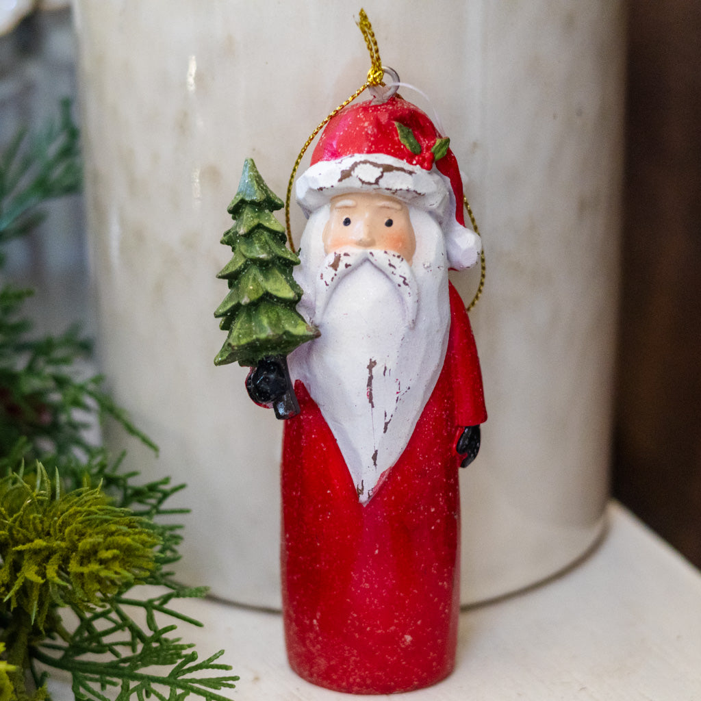 Carved Santa with Tree Ornament