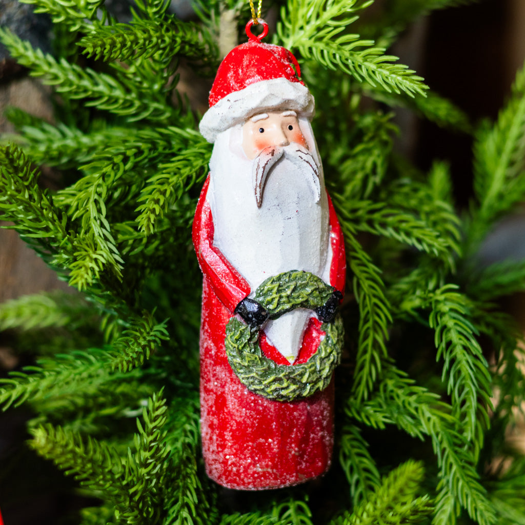 Carved Santa with Wreath Ornament