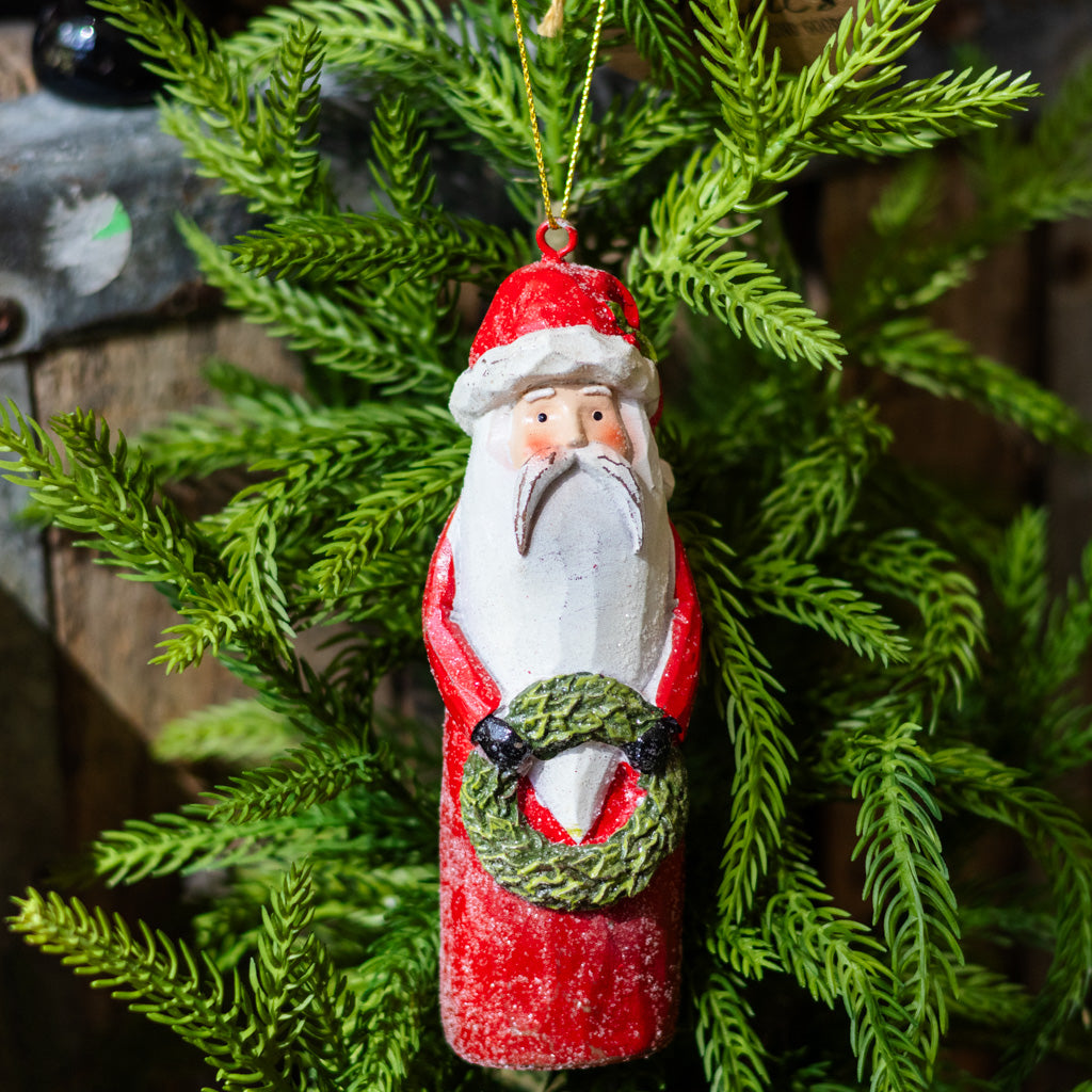 Carved Santa with Wreath Ornament