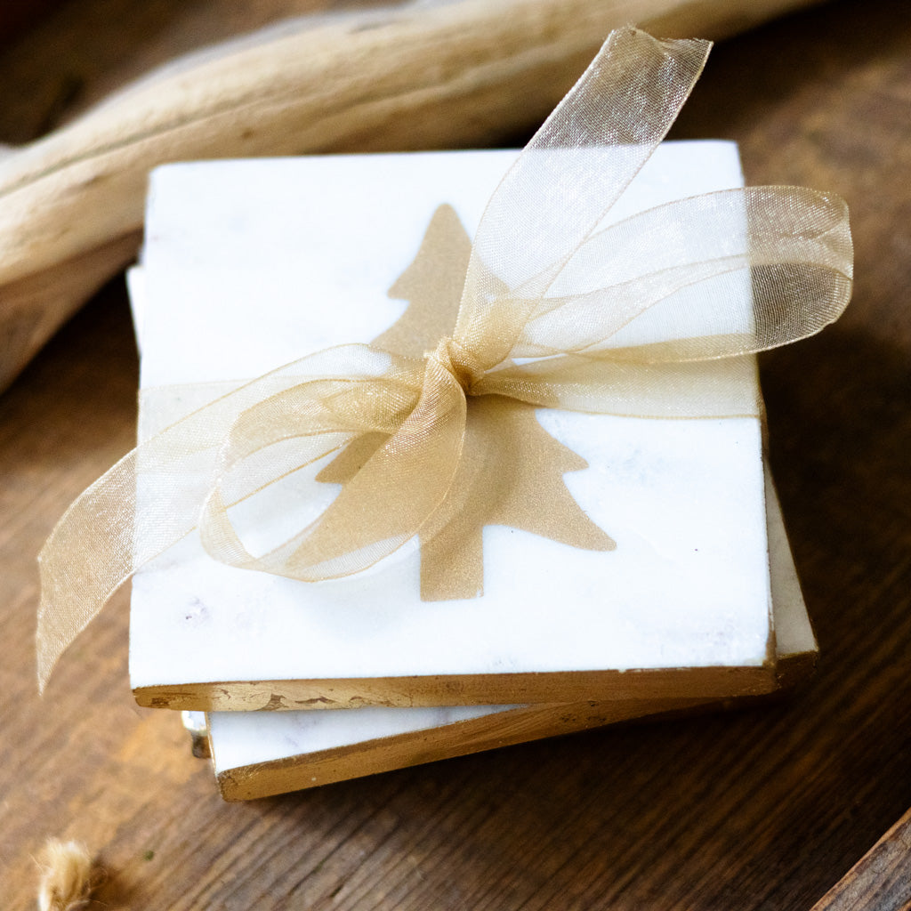 Marble Coaster with Gold Tree Insert Set of Four