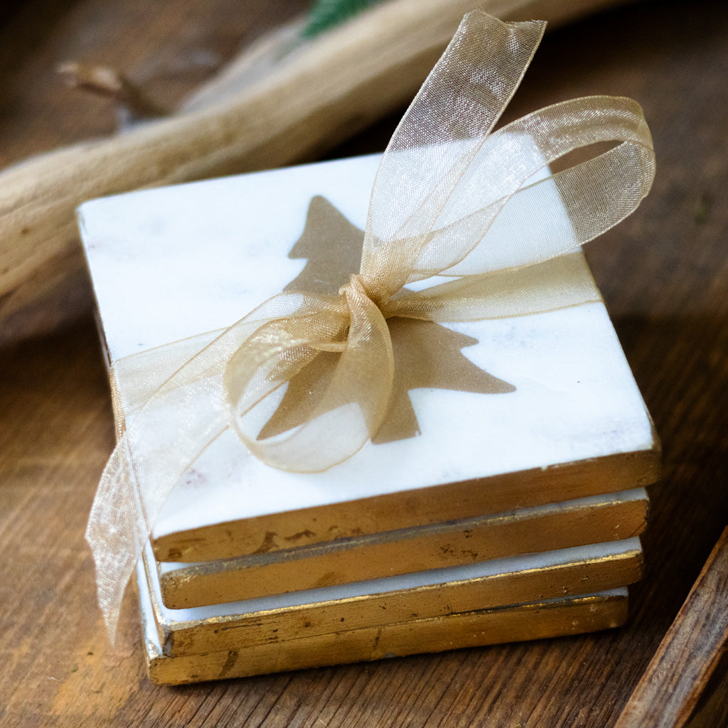 Marble Coaster with Gold Tree Insert Set of Four