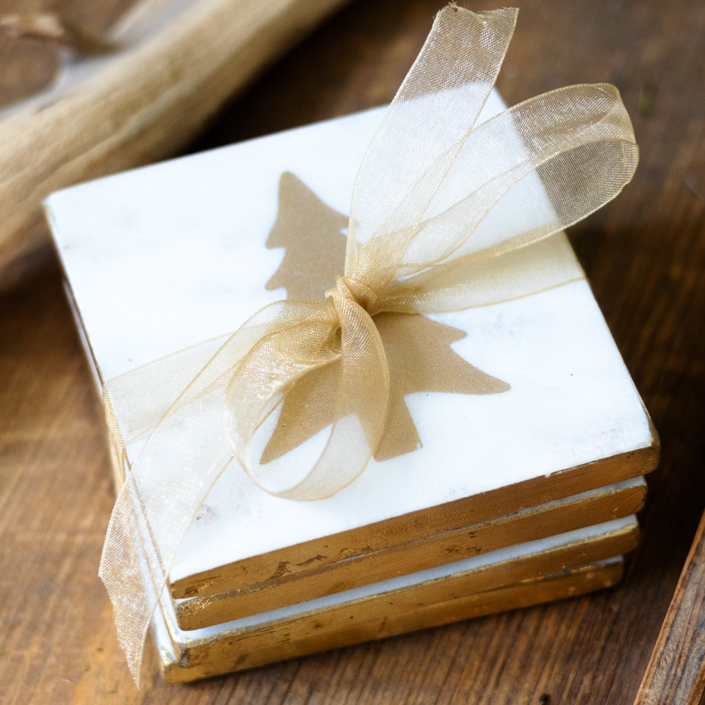 Marble Coaster with Gold Tree Insert Set of Four