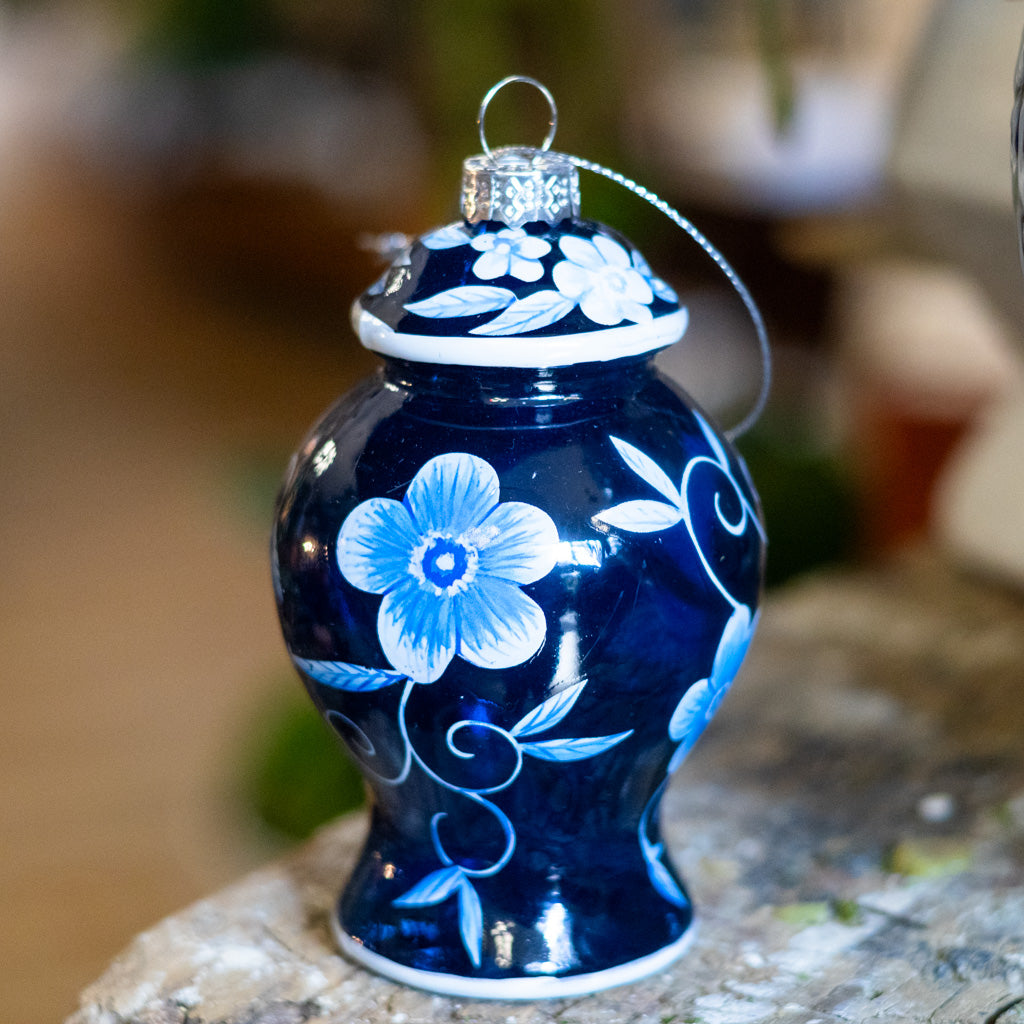 Glass Floral Blue Urn with Flowers Ornament