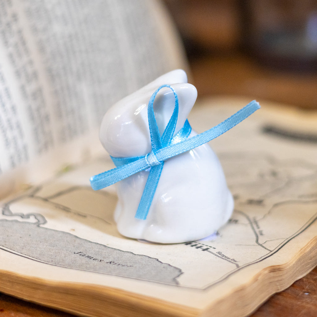 White Ceramic Baby Bunny with Blue Bow
