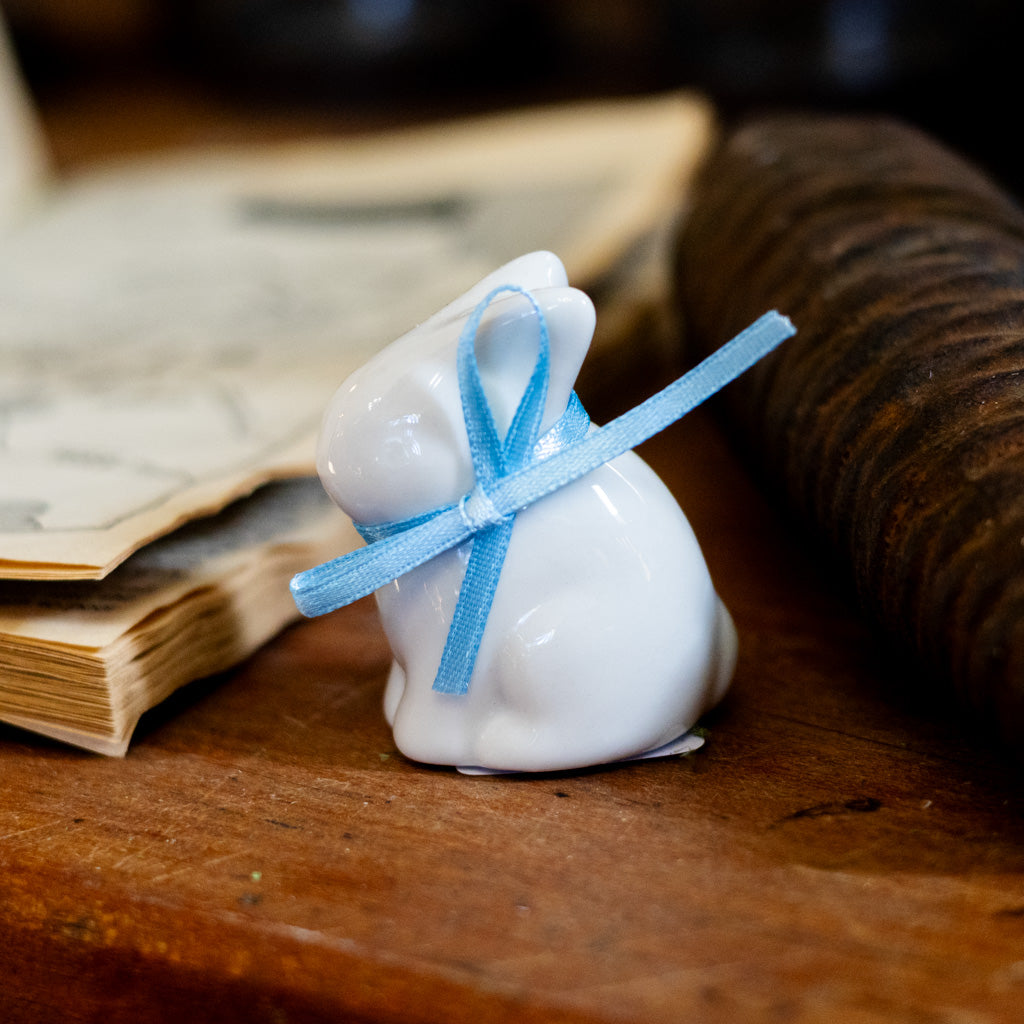White Ceramic Baby Bunny with Blue Bow