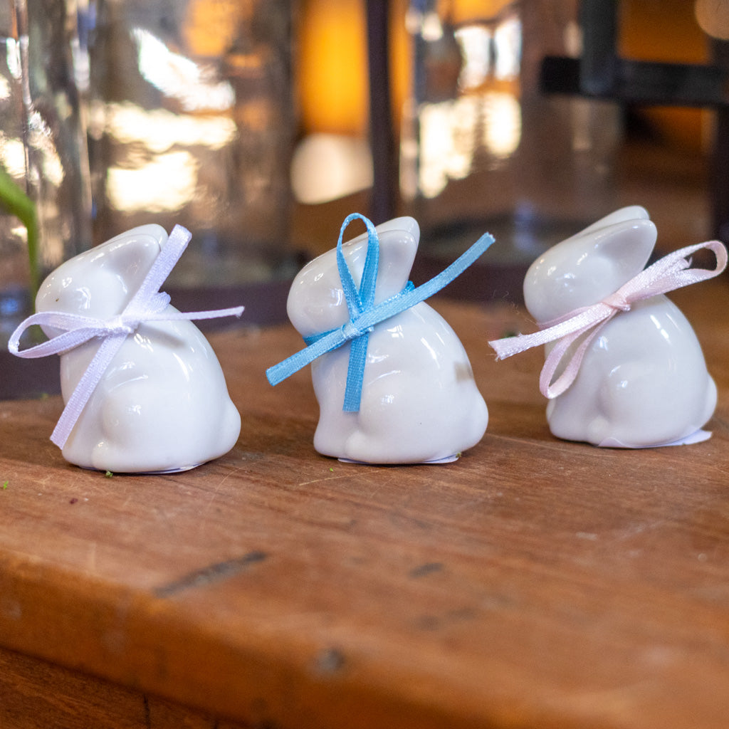 White Ceramic Baby Bunny with Blue Bow