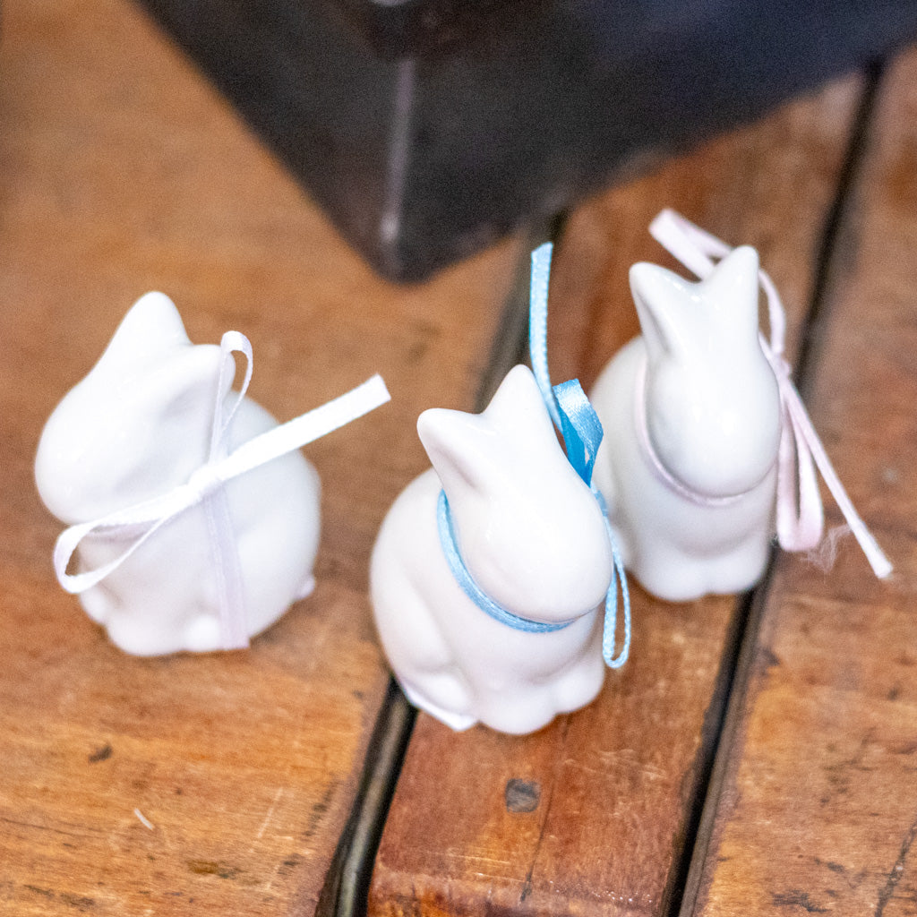 White Ceramic Baby Bunny with Blue Bow