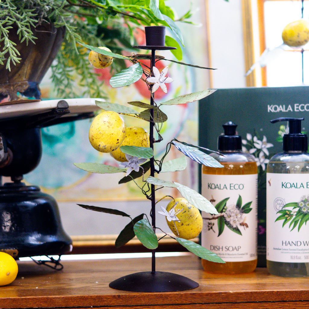 Tall Metal Taper Holder with Lemon and Leaves