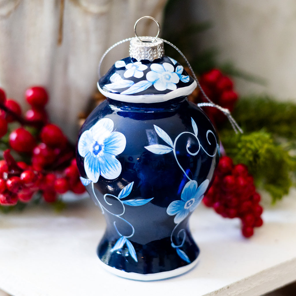 Glass Floral Blue Urn with Flowers Ornament